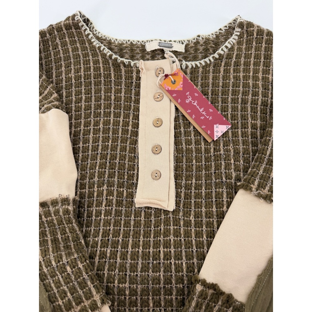 Gimmicks by BKE Olive Waffle Knit Henley Patchwork Sweater Medium NWT